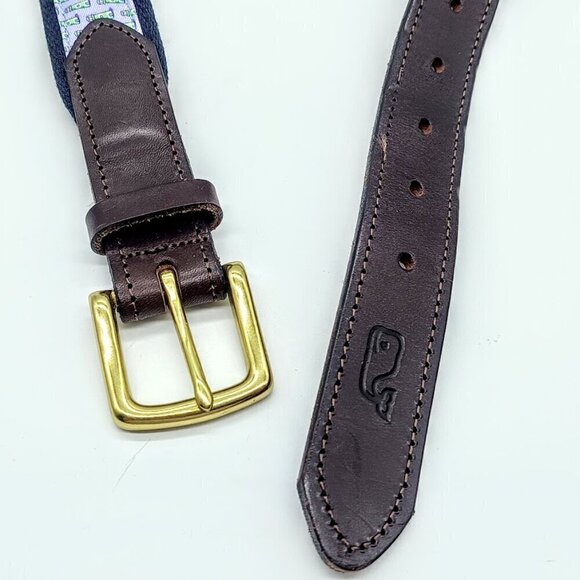 Vineyard Vines Navy Blue Canvas Lighthouse Leather Trim Belt - Picture 4 of 7